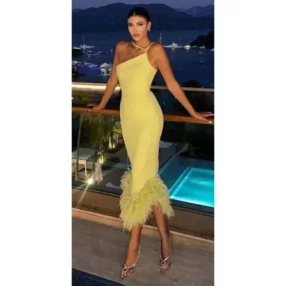 HOUSE OF CB Alessia Asymmetric Feather Trim Midi Dress in Lime Size X-Small - Picture 12 of 16